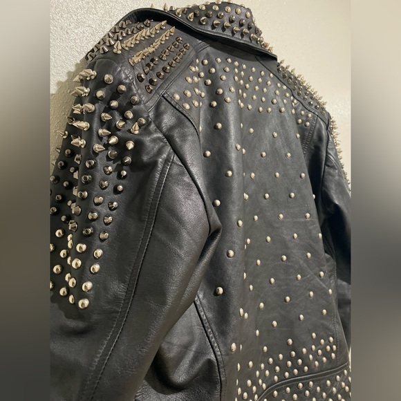Genuine leather Black Studded Leather punk biker Jacket - Picture 8 of 17